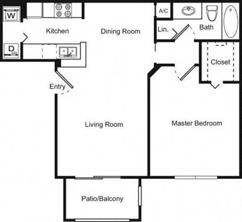 Floor plan for 1 bed, 1 bath, 880 sqft